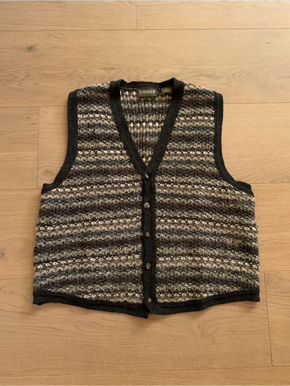 80s Timberland 100% Wool Black/Gray/Cream Chunky Knit button up Vest cabin core